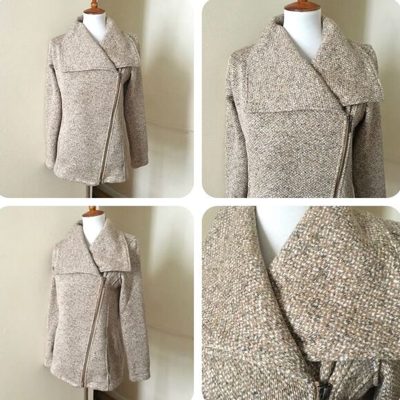Lands End Motto Knit Fleece Oatmeal Tweed Asymmetrical Zip Jacket Blazer Coat - Picture 4 of 16